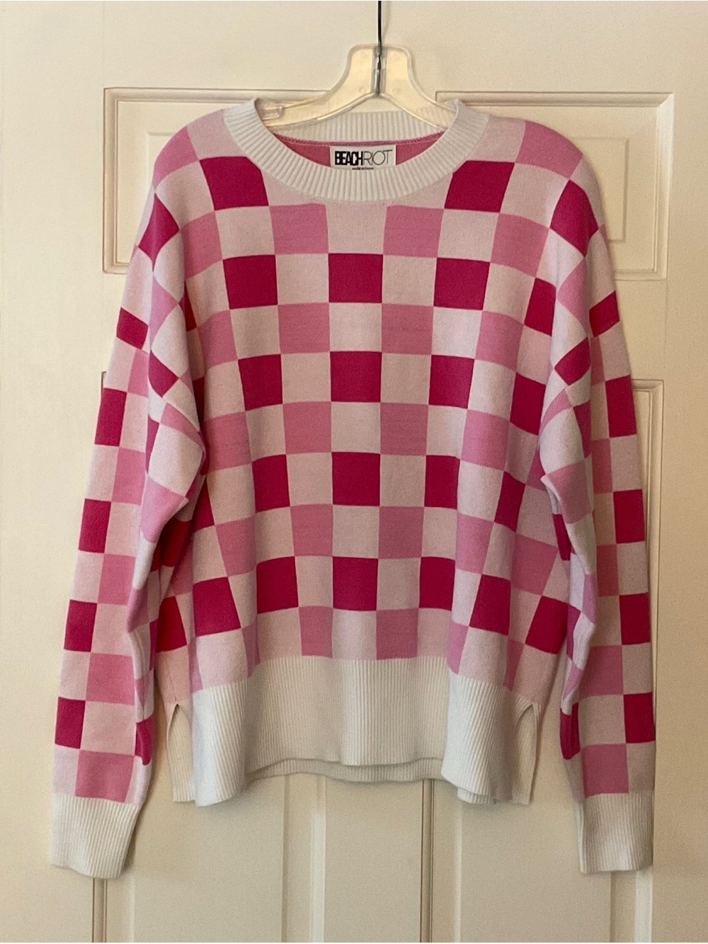 Anthropologie Beach Riot Callie Sweater Peony Petal Checker Pink Check Large NWT - Picture 7 of 14